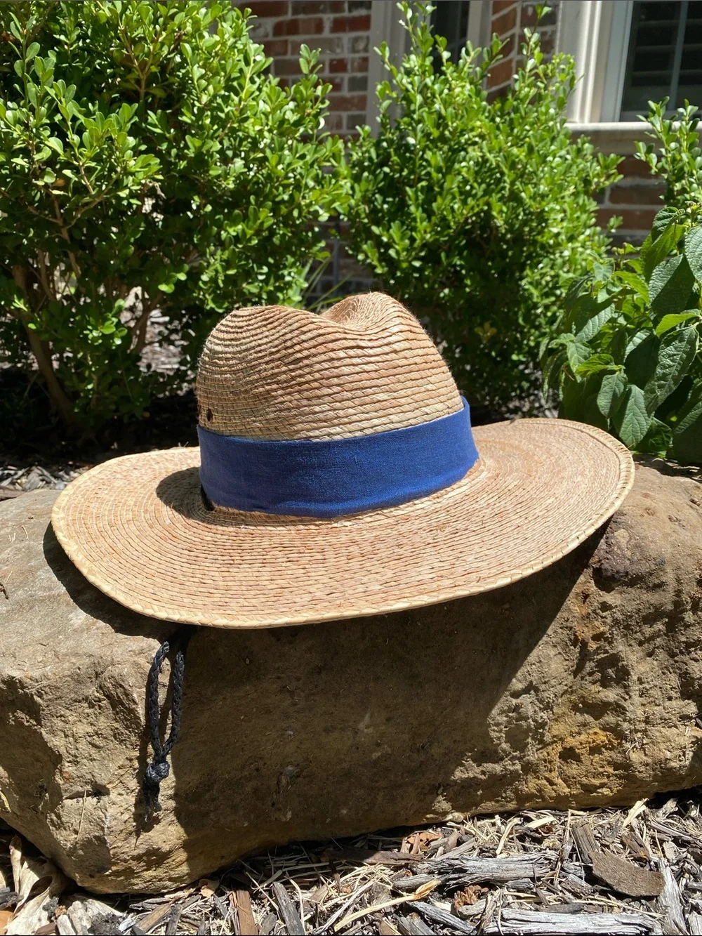 Women's Palm Leaf Straw Wide Brim Sun Hat with Blue Linen Hatband & Chinstrap